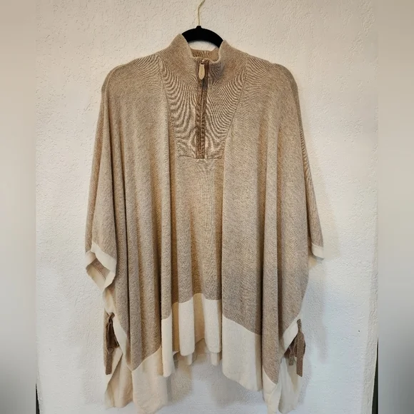 J. McLaughlin Cashmere Wool Cozy Tan Cream Poncho Shawl One Size Coastal Grandma - Picture 2 of 6
